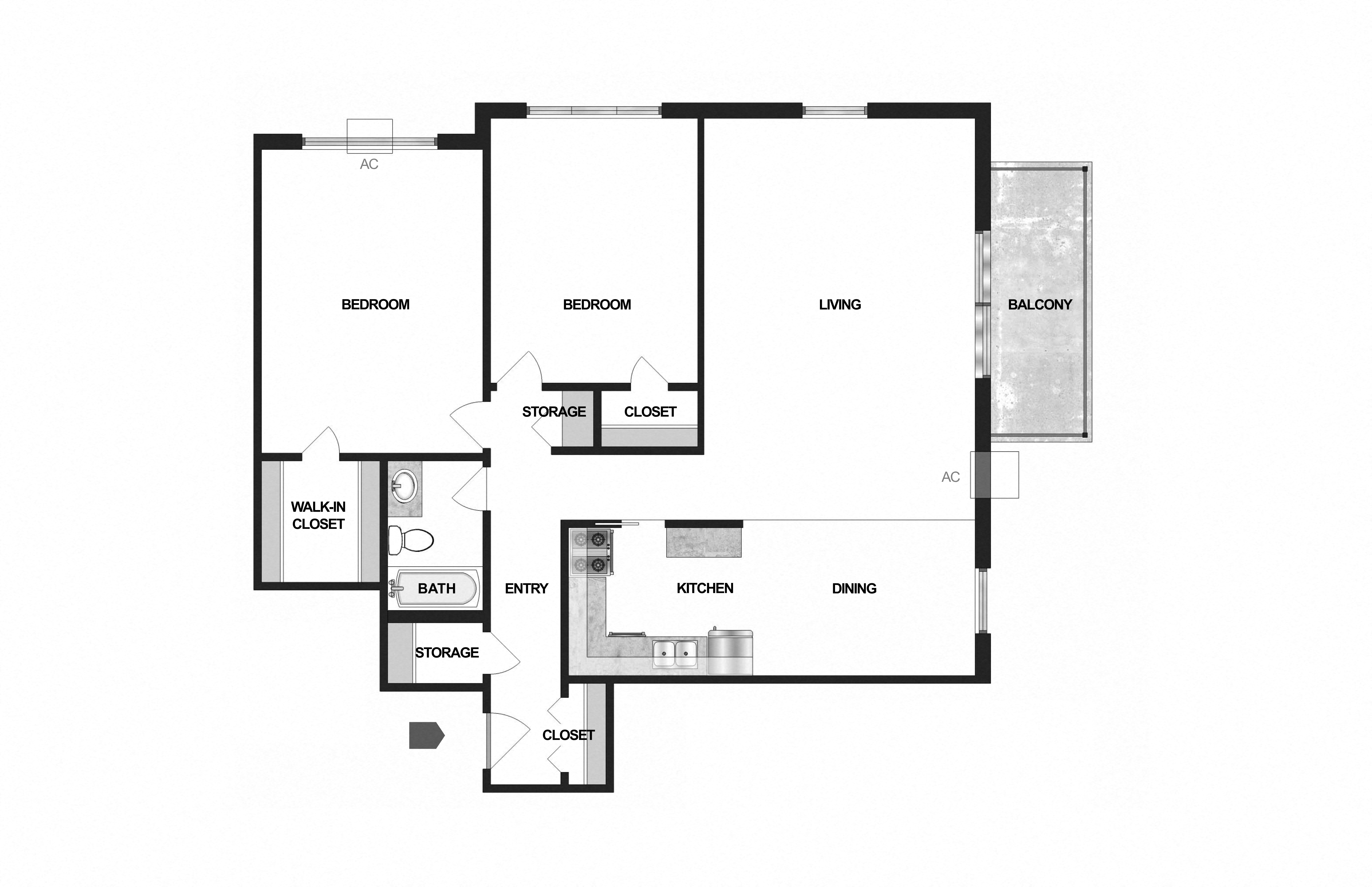 Floor plan for 2 beds, 1 bath, 1190 sqft